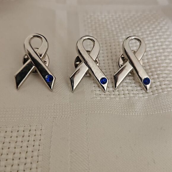 Breast Cancer Awareness Ribbion Pins Set Of 3 Silver & Blue - Picture 1 of 16